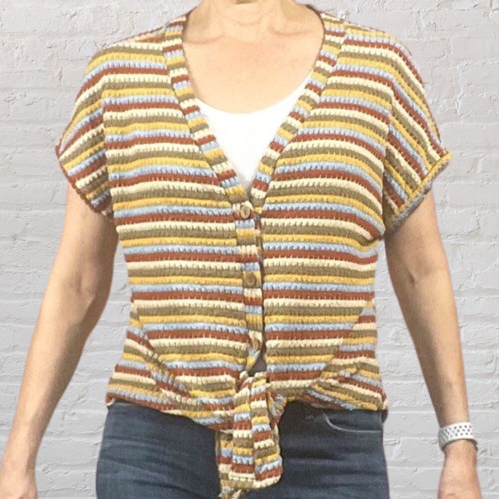 Francescas multicolor striped knit tie front cardigan womens m